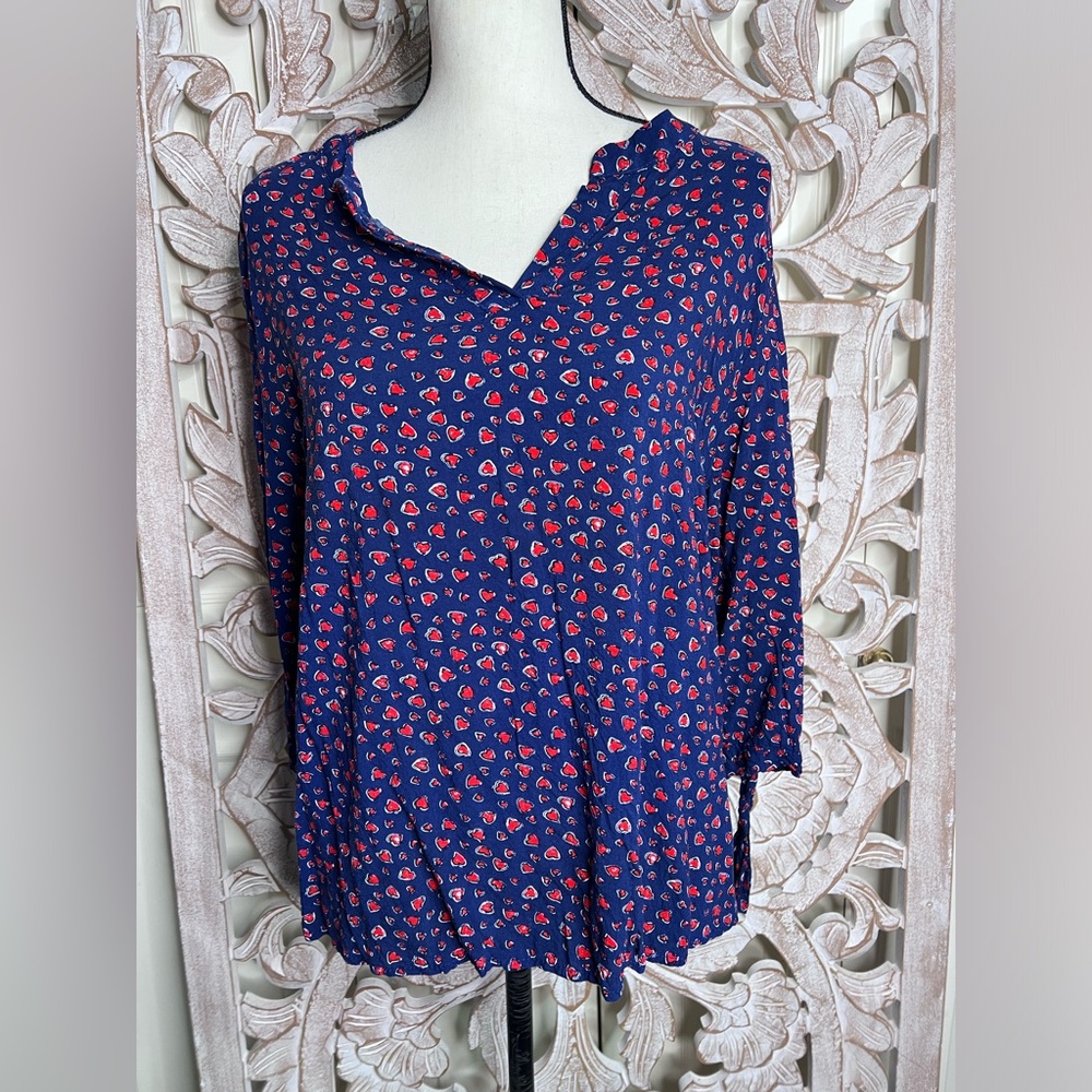 JNY Navy Heart Blouse With Ties on Sleeve Sz 1X
